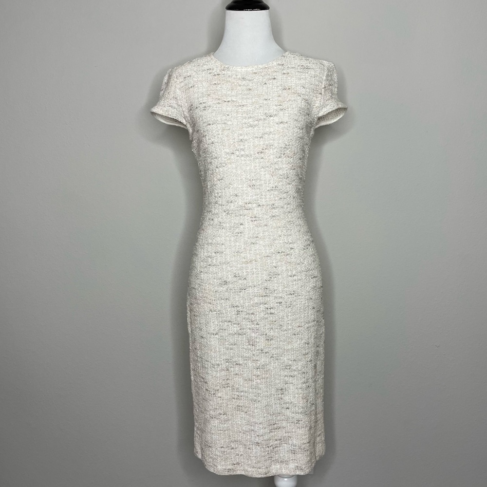 ST. JOHN Collection | Oatmeal Knit Capped Sleeve Sheath Midi Dress